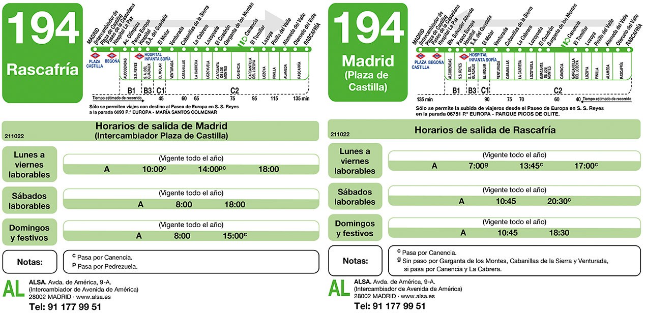 Horarios autobús 194, Madrid - Rascafría