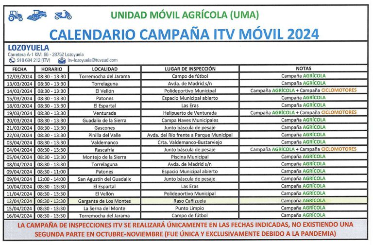 Campaña ITV Móvil 2024 para Unidades Móviles Agrícolas (UMA)