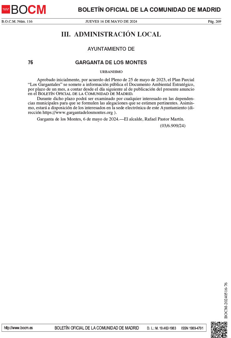 Información pública del Plan Parcial Los Gargantales